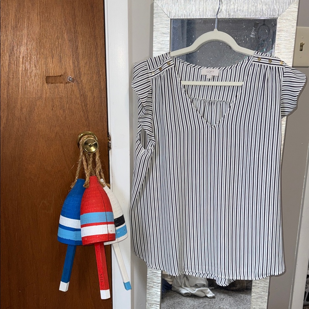 LOFT Black & White Vertical Stripe Notch V-Neck Blouse
